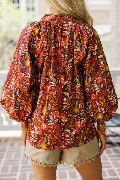 Burgundy Bouquet Long Sleeve Blouse