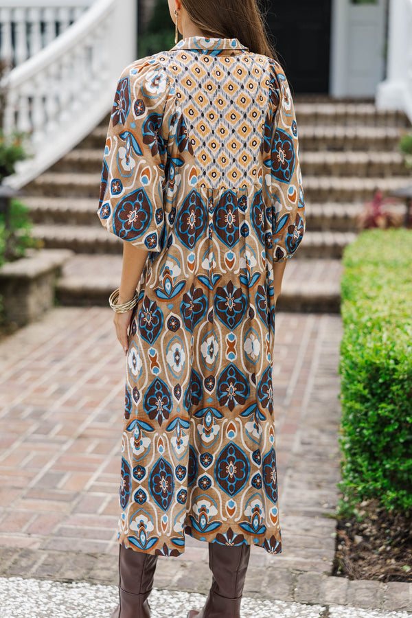 taupe midi dress Heirloom Charm Taupe Medallion Midi Dress – Shop the Mint