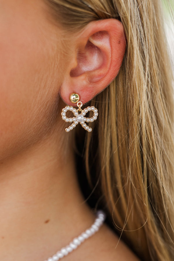 Girls: Feeling Cute Pearl Bow Earrings