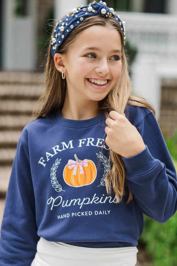 Girls: Farm Fresh Pumpkins Navy Graphic Sweatshirt