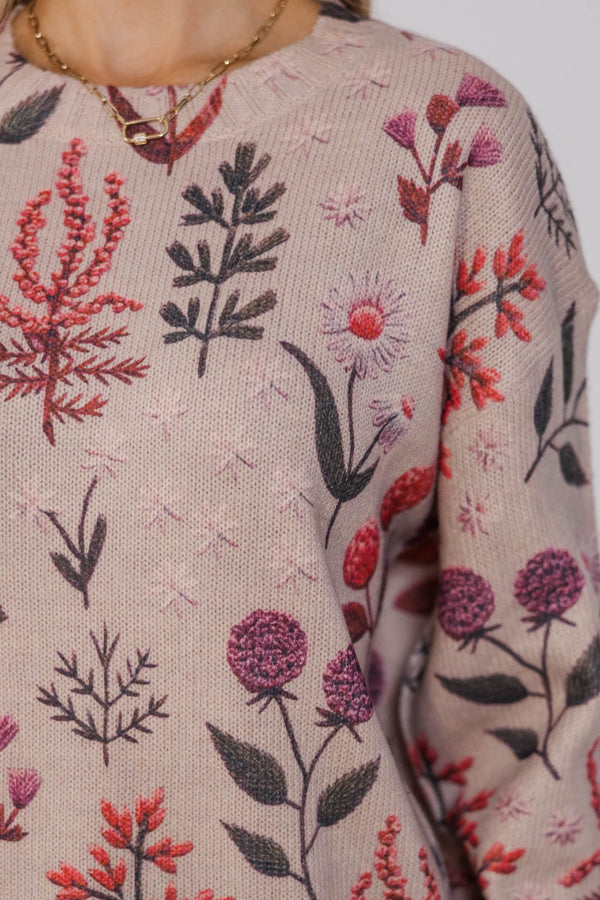 When I Am With You Taupe Floral Sweater
