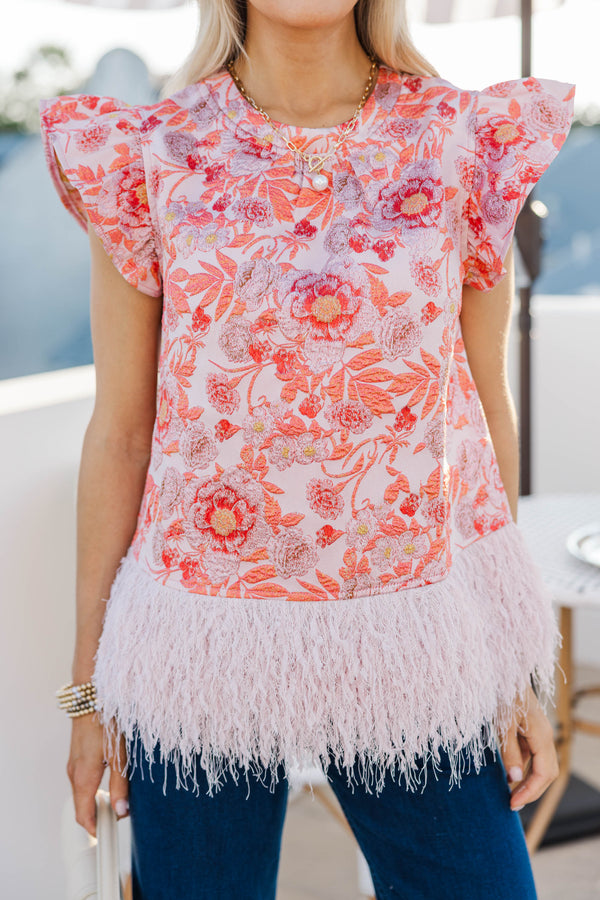 Stay Awhile Coral Brocade Blouse