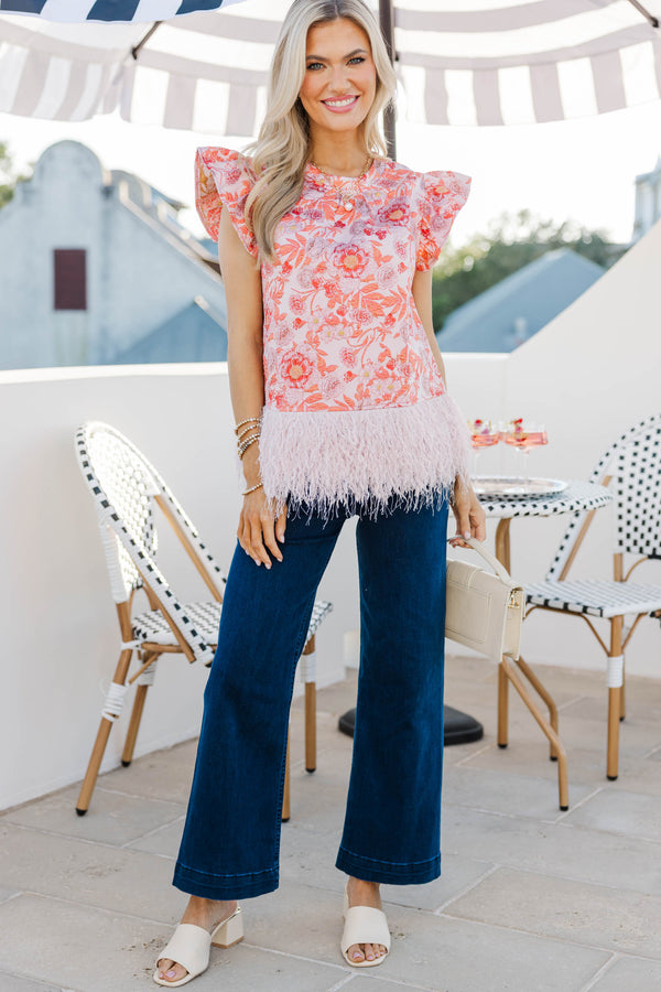 Stay Awhile Coral Brocade Blouse