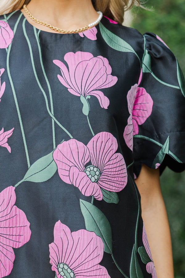 A Garden Of Wonder Black Floral Scalloped Dress