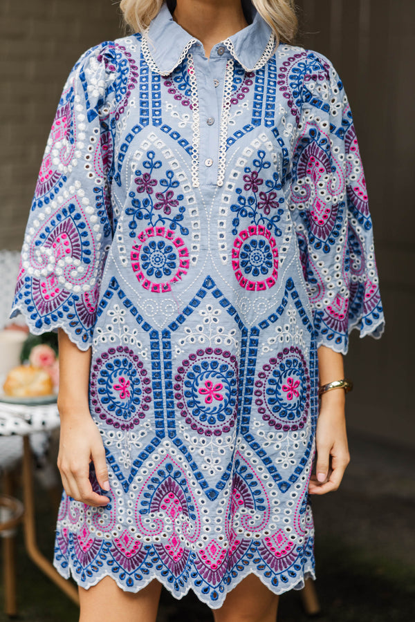 Refined Beauty Blue Embroidered Mini Dress