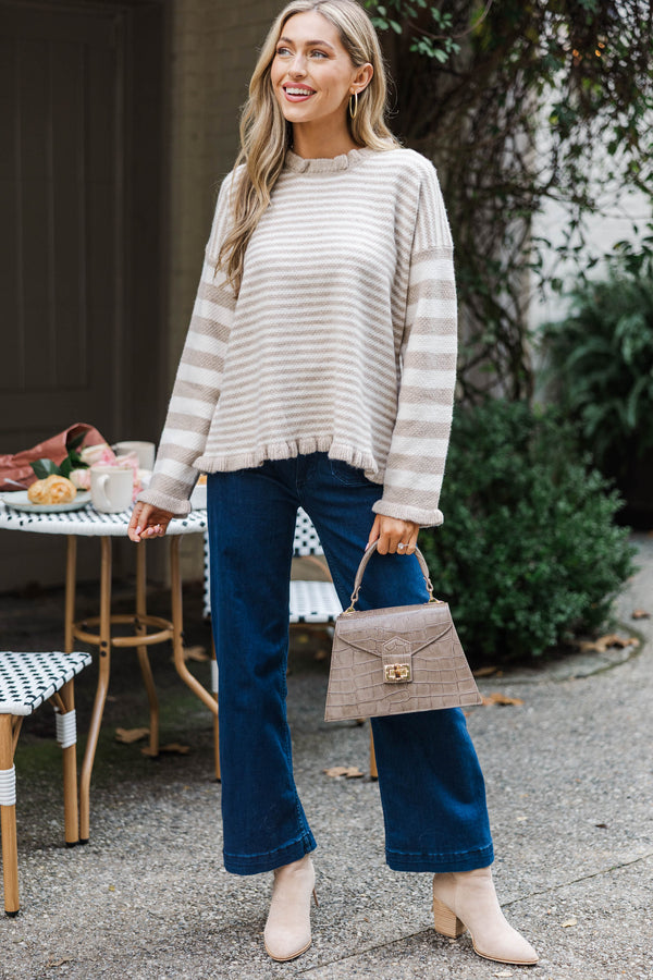 A Comforting Thought Taupe Striped Sweater