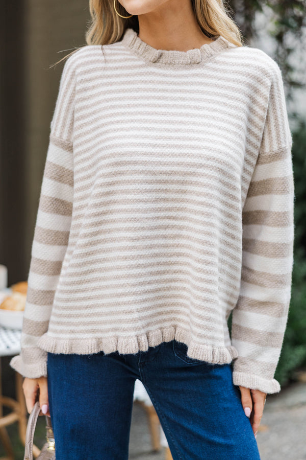 A Comforting Thought Taupe Striped Sweater