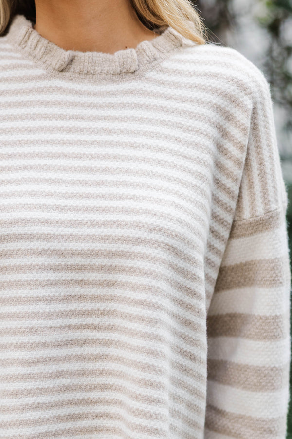 A Comforting Thought Taupe Striped Sweater