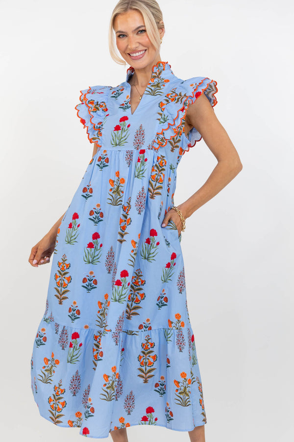 Feelings Of Happiness Blue Floral Midi Dress
