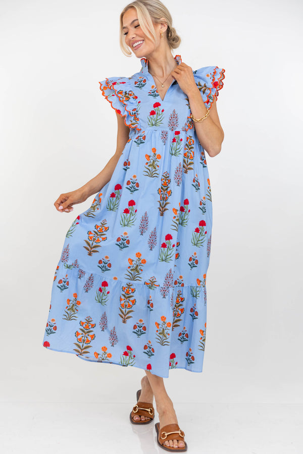 Feelings Of Happiness Blue Floral Midi Dress