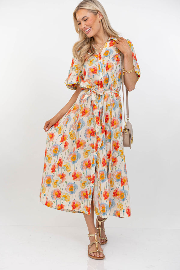 The Best Is Coming Cream Floral Midi Dress