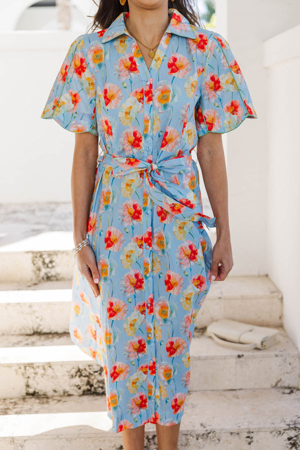 The Best Is Coming Light Blue Floral Midi Dress