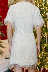 Frosted Elegance Ivory Tweed Shift Dress