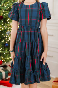 Girls: All True Navy Plaid Dress