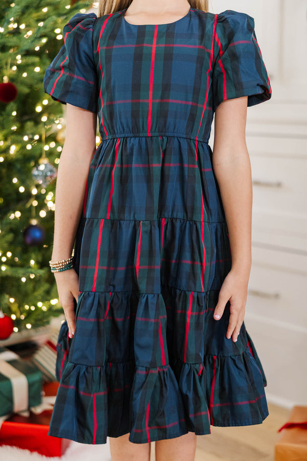 Girls: All True Navy Plaid Dress