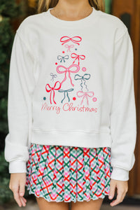 Girls: Oh Christmas Tree Bow White Graphic Sweatshirt