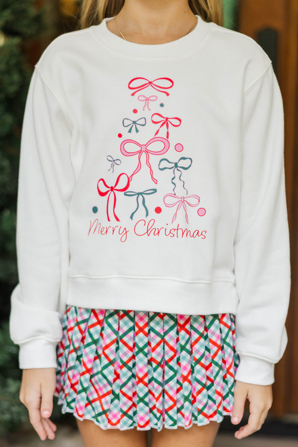 Girls: Oh Christmas Tree Bow White Graphic Sweatshirt