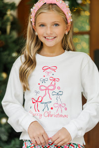 Girls: Oh Christmas Tree Bow White Graphic Sweatshirt