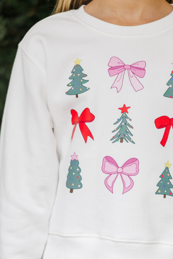 Girls: Bows & Christmas Trees White Sweatshirt
