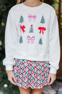 Girls: Bows & Christmas Trees White Sweatshirt