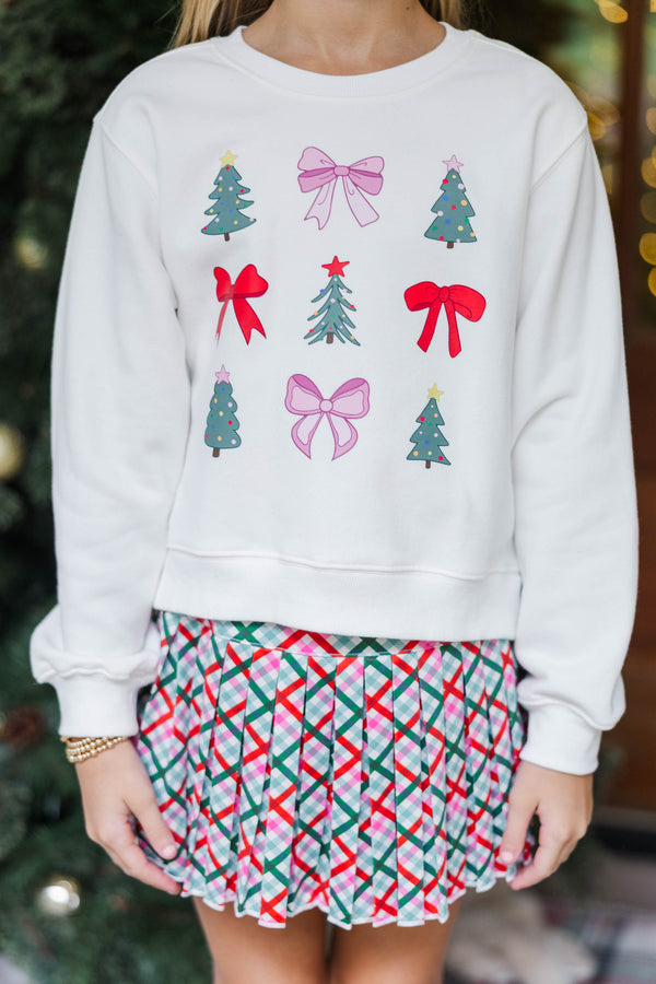 Girls: Bows & Christmas Trees White Sweatshirt
