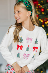 Girls: Bows & Christmas Trees White Sweatshirt