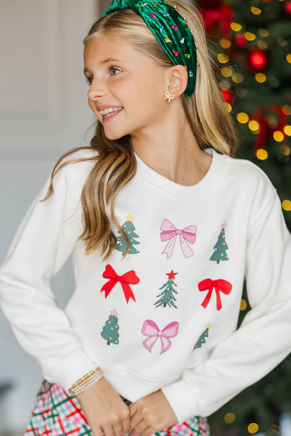 Girls: Bows & Christmas Trees White Sweatshirt