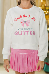 Girls: Deck With Glitter White Graphic Sweatshirt