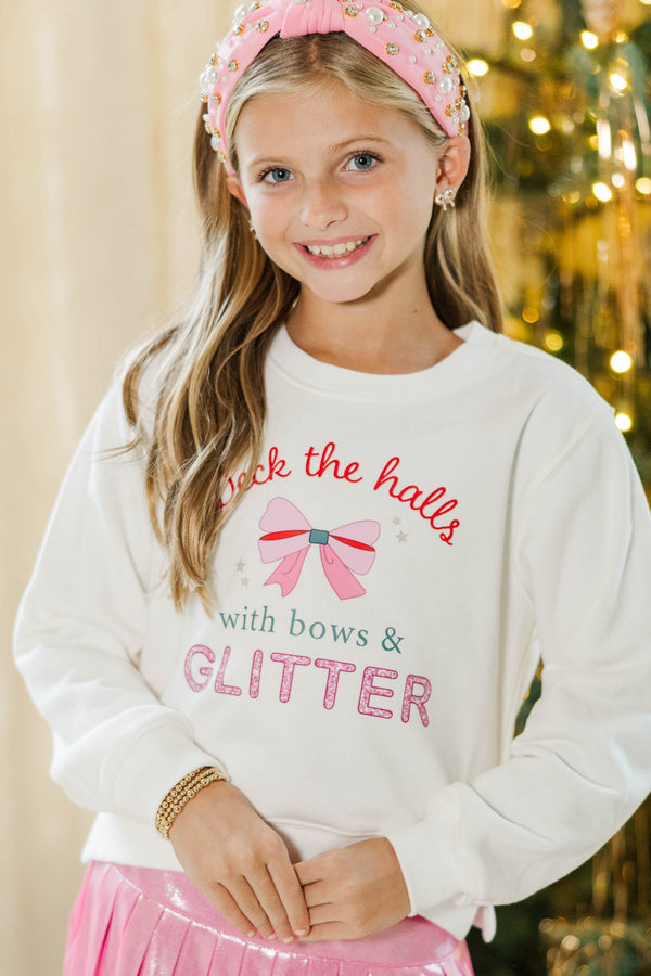 Girls: Deck With Glitter White Graphic Sweatshirt