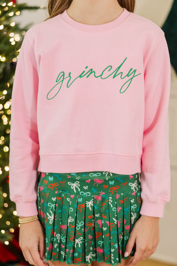 Girls: Grinchy Blush Pink Embroidered Sweatshirt