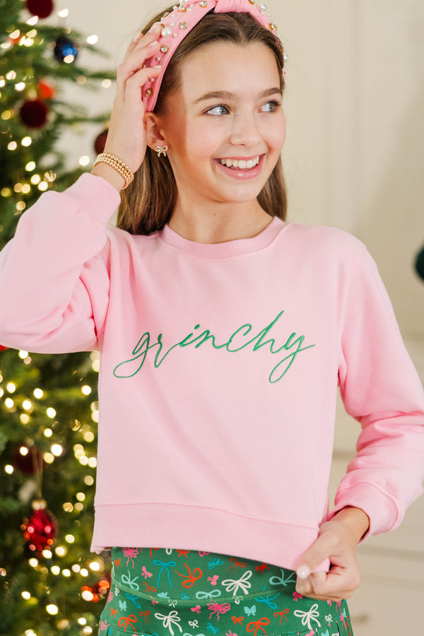 Girls: Grinchy Blush Pink Embroidered Sweatshirt
