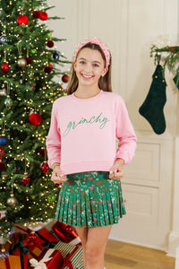 Girls: Grinchy Blush Pink Embroidered Sweatshirt