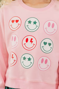 Girls: Smiley Holiday Blush Pink Sweatshirt