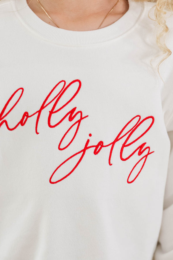 Girls: Holly Jolly White Embroidered Sweatshirt