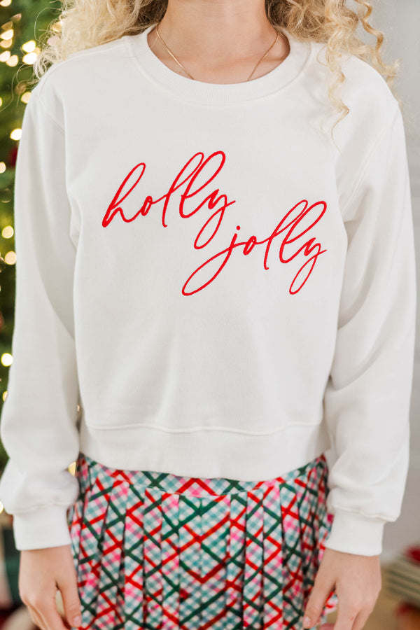 Girls: Holly Jolly White Embroidered Sweatshirt