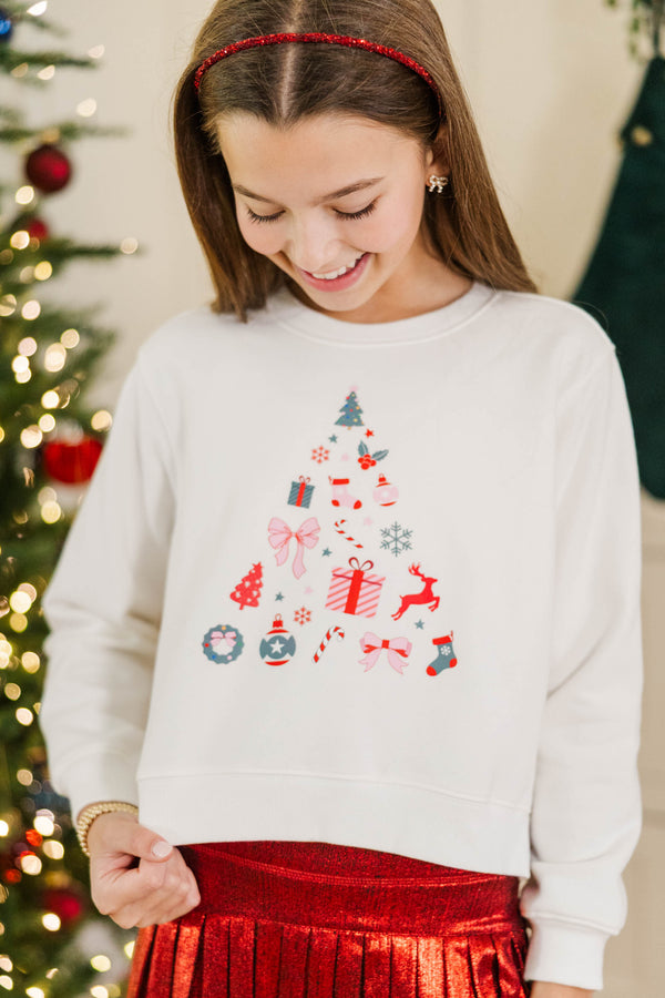 Girls: Gallery Holiday Christmas Tree White Sweatshirt