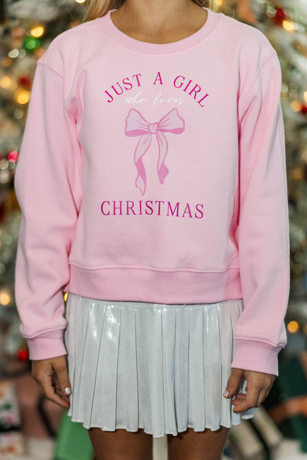 Girls: Just A Girl Who Loves Christmas Blush Pink Graphic Sweatshirt