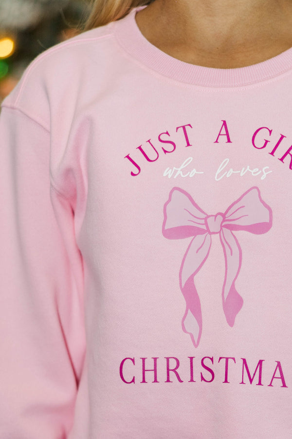 Girls: Just A Girl Who Loves Christmas Blush Pink Graphic Sweatshirt