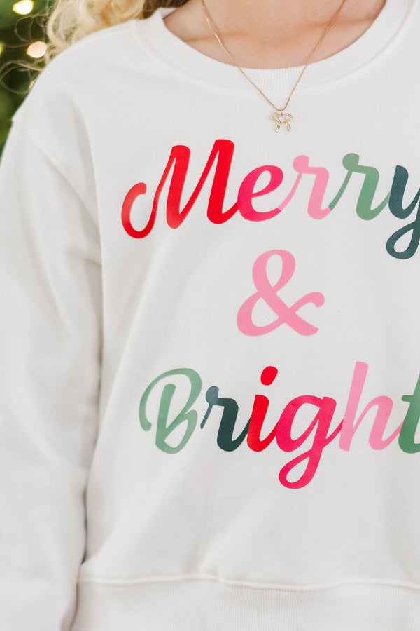 Girls: Merry & Bright Script White Graphic Sweatshirt