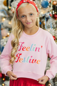Girls: Feelin Festive Blush Pink Graphic Sweatshirt
