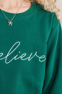 Girls: Believe Emerald Green Embroidered Sweatshirt