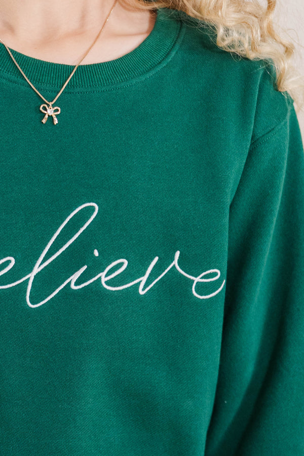 Girls: Believe Emerald Green Embroidered Sweatshirt
