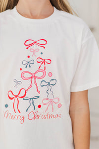 Girls: Oh Christmas Tree Bow White Graphic Tee