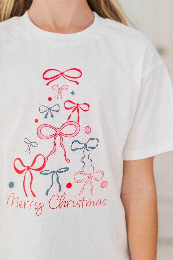 Girls: Oh Christmas Tree Bow White Graphic Tee