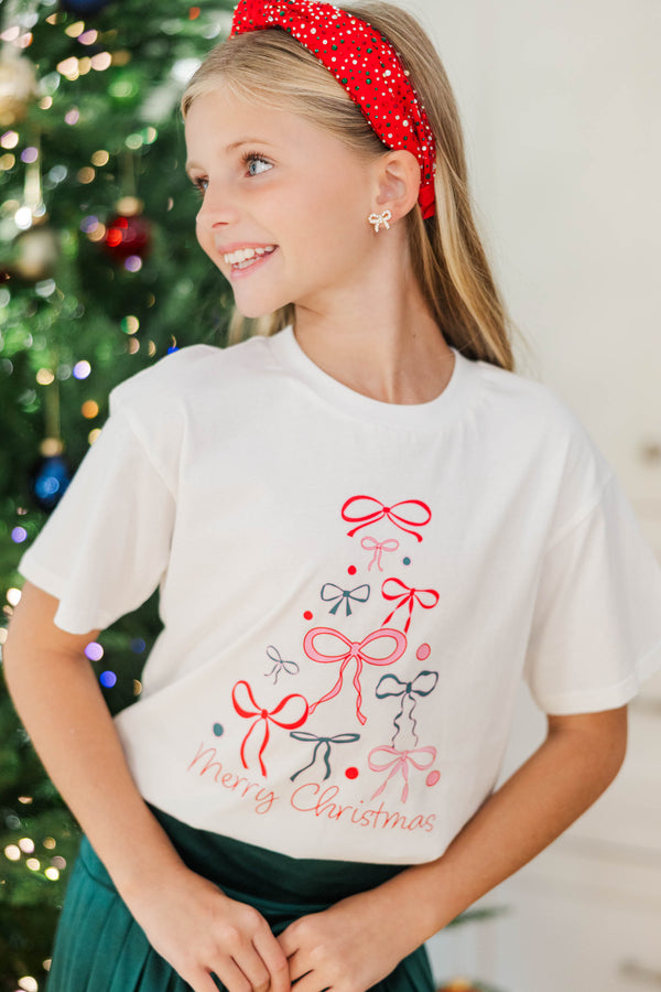 Girls: Oh Christmas Tree Bow White Graphic Tee