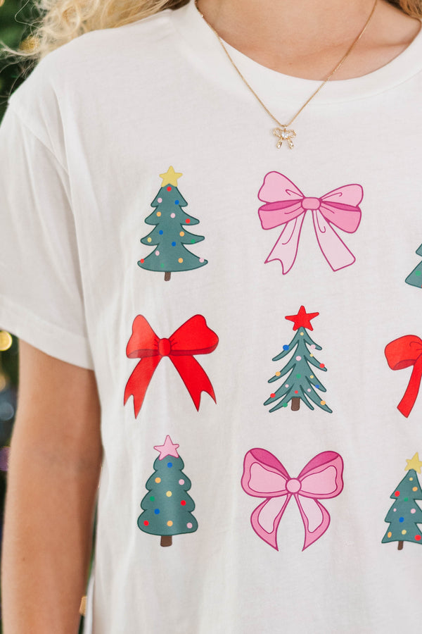 Girls: Bows & Christmas Trees White Tee
