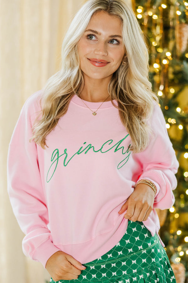 Grinchy Blush Pink Embroidered Sweatshirt