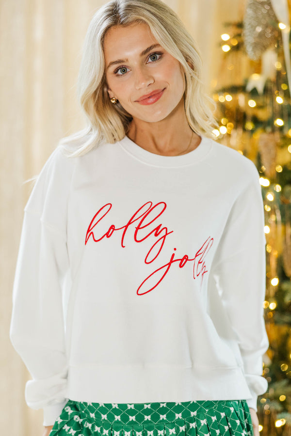 Holly Jolly White Embroidered Sweatshirt