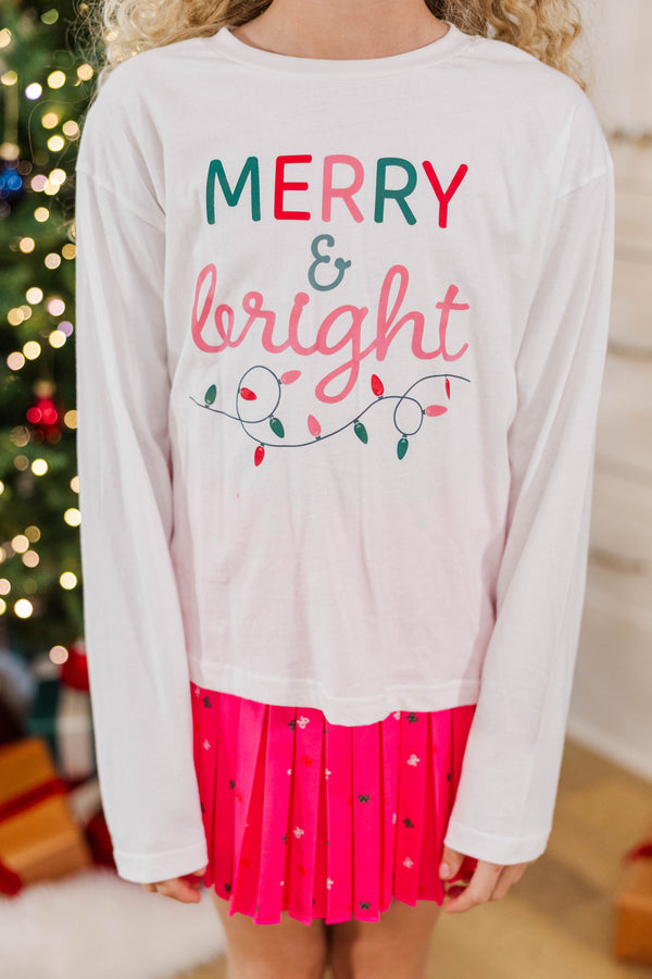 Girls: Merry & Bright Lights White Long Sleeve Graphic Tee