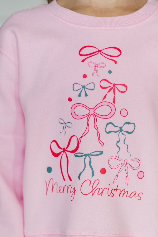 Girls: Oh Christmas Tree Bow Blush Graphic Sweatshirt